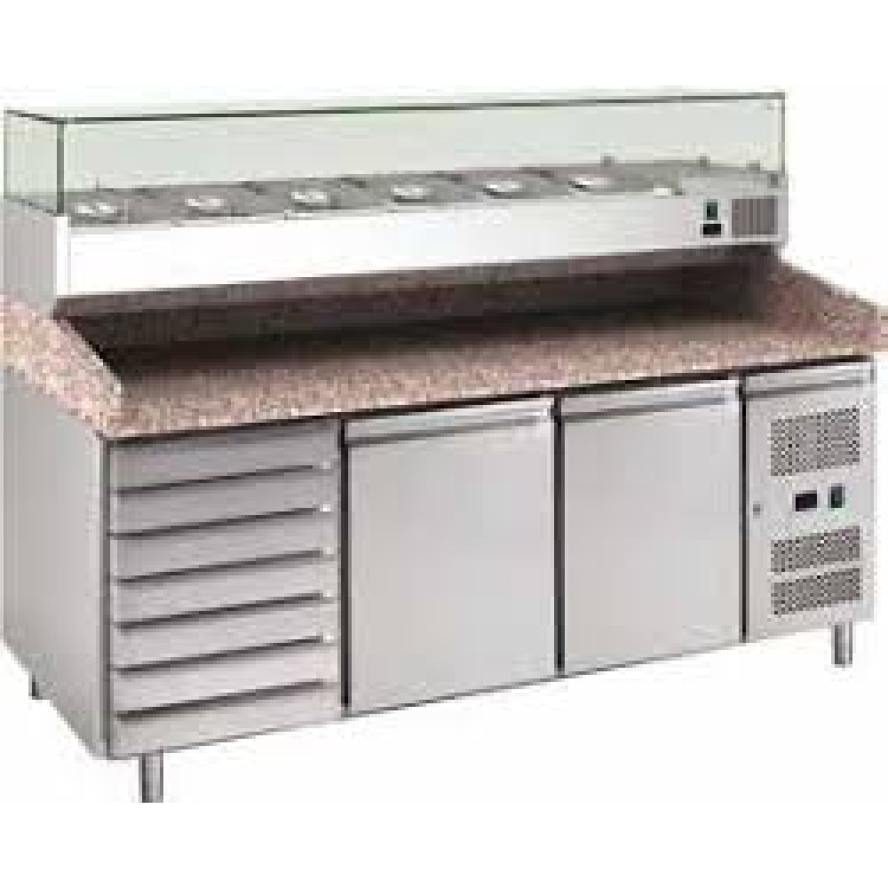 FORCOLD 2 AJTÓS PIZZA MUNKAASZTAL, 6 TÉSZTAFIÓK, FELTÉTHŰTŐ